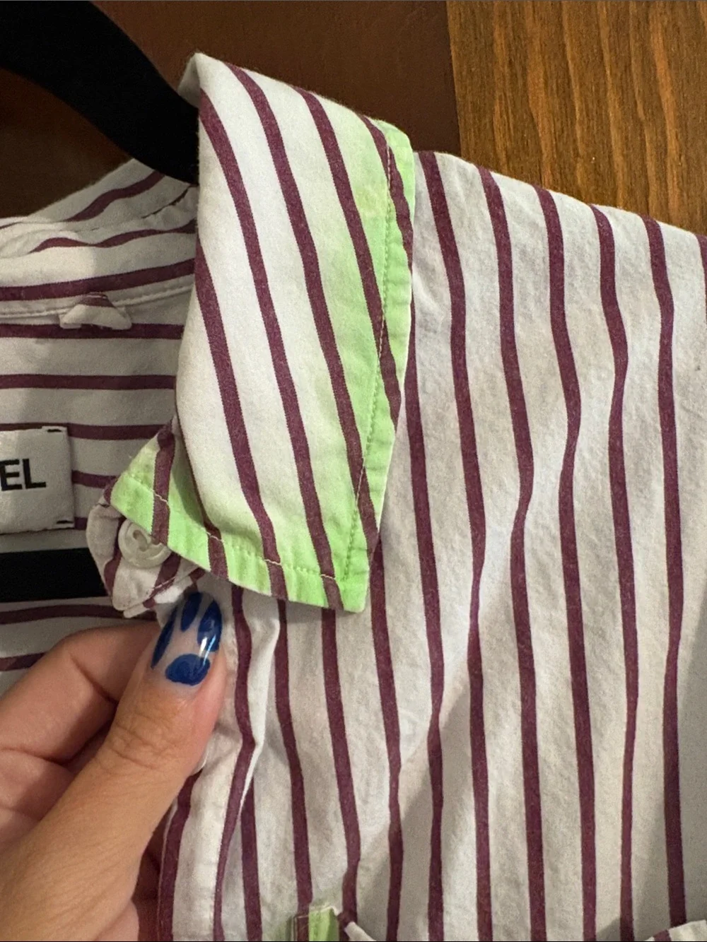 Women's highlight  Striped Button-Up Shirt in White and Burgundy green
